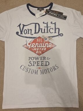 Von Dutch Men's White Graphic Tee with Navy Trim